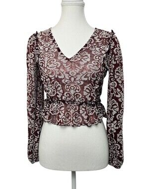 By Anthropologie Jacquard Peasant Blouse XXS V-Neck Long Sleeve Peplum Top